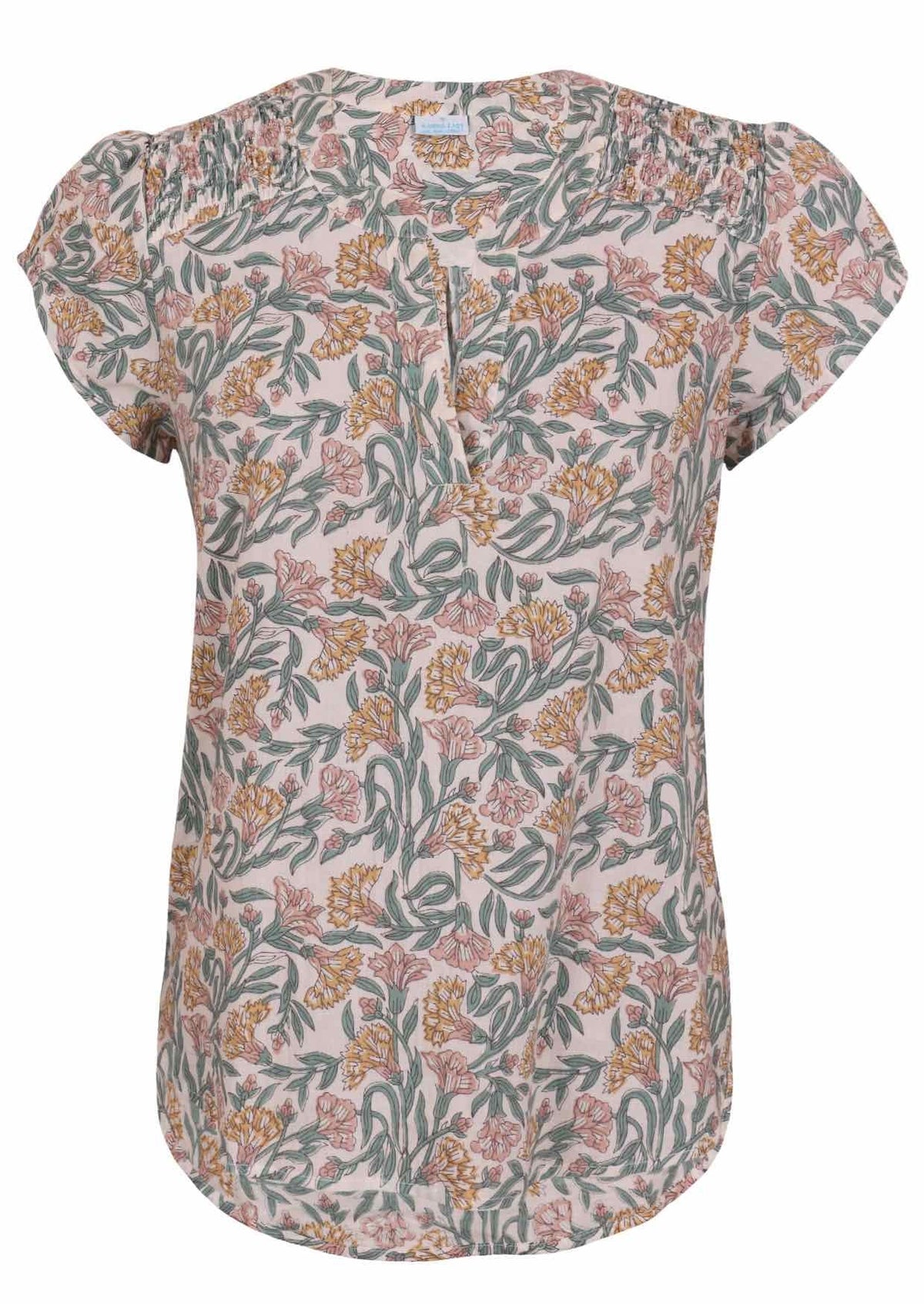 White based floral print cotton top with V-neckline on a white background.