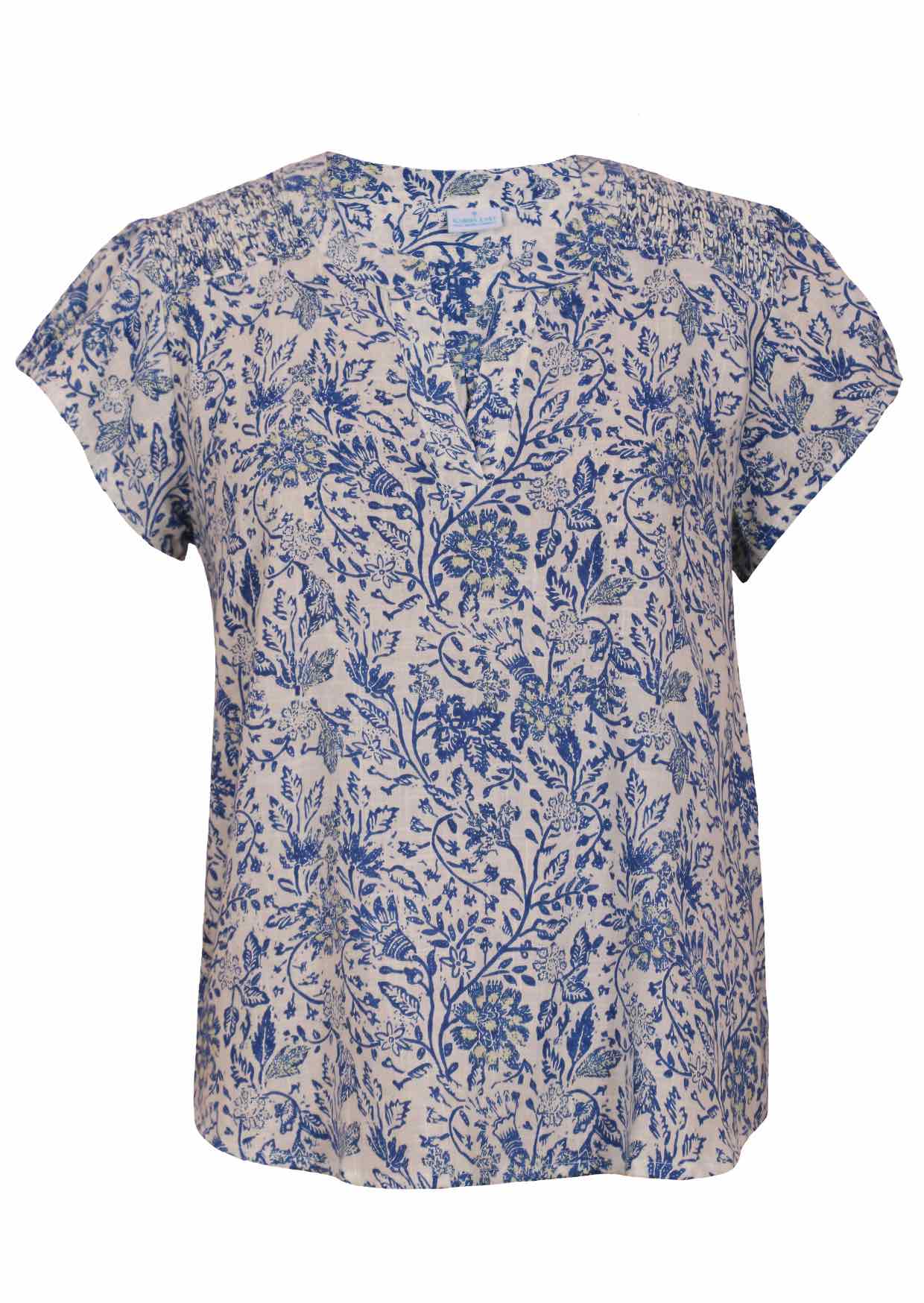 White based blue floral print cotton top with V-neckline on a white background.