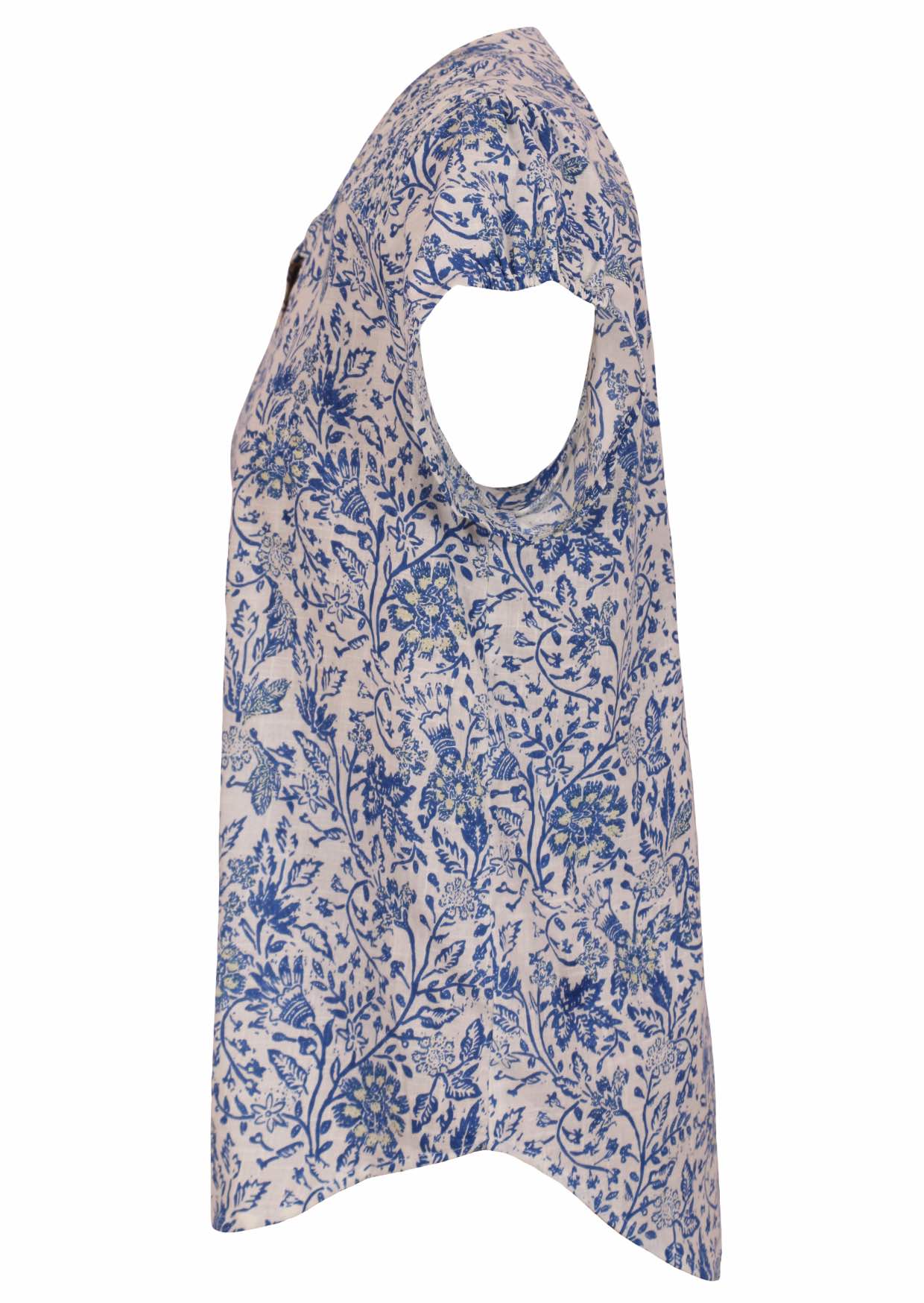 White based blue floral print cotton top on a white background.