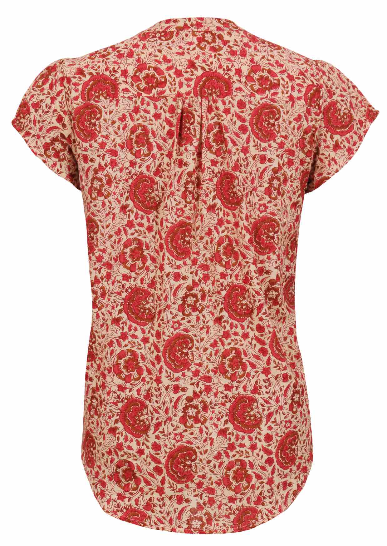 Back view of cream based warm floral print 100% cotton top on a white background.
