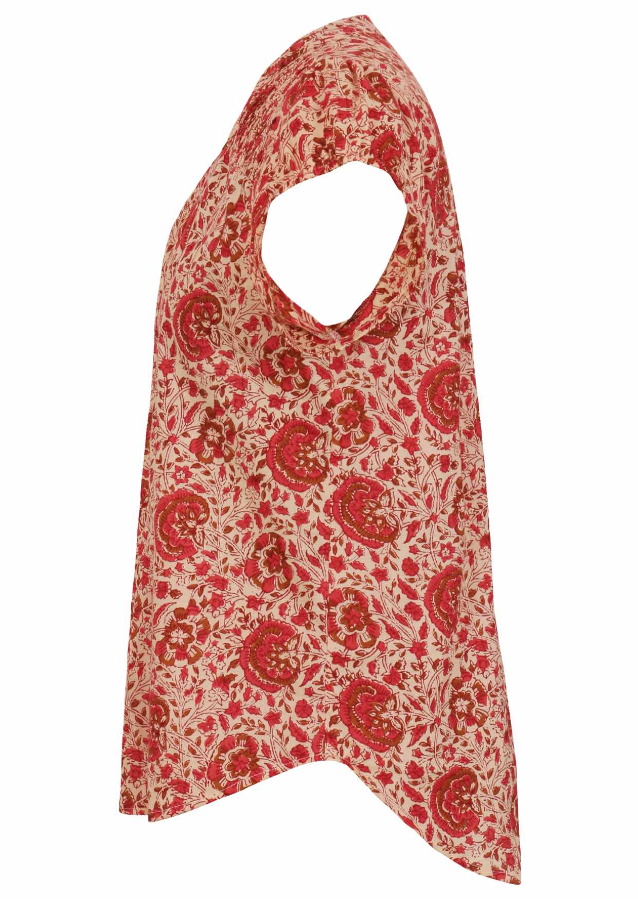 Cream based warm floral print cotton top with cap sleeves.