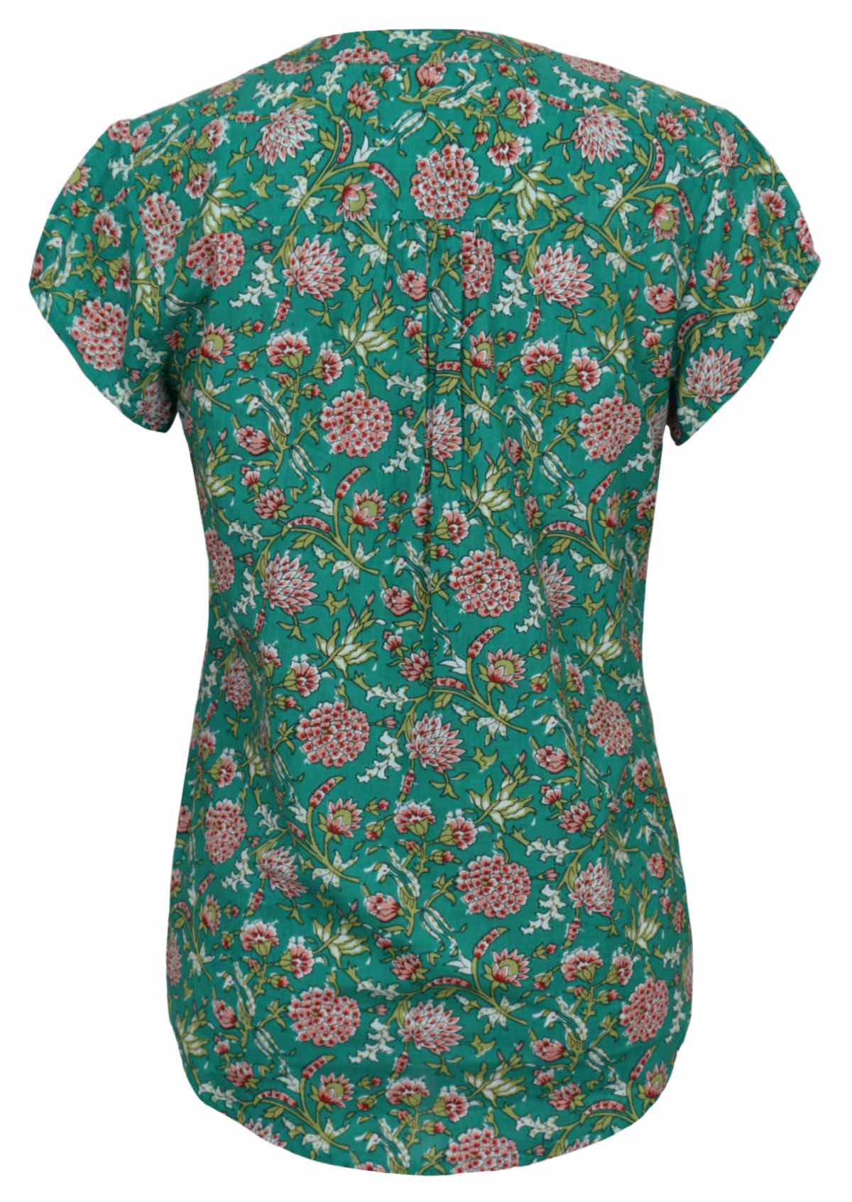 Back mannequin photo of cap sleeve cotton top with small gathers in back, centre of shoulders