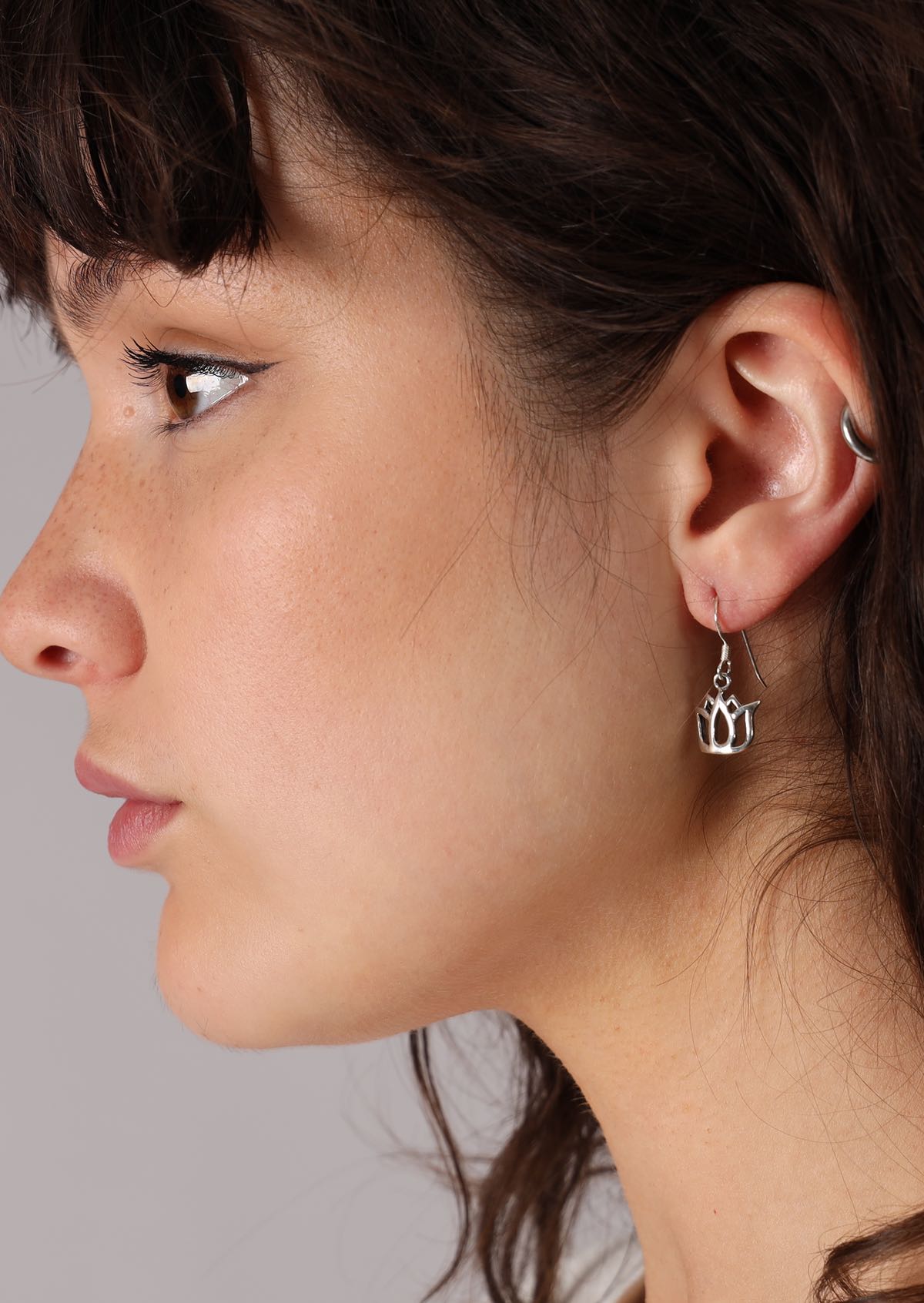 Sterling silver cutout lotus flower motif hook earrings