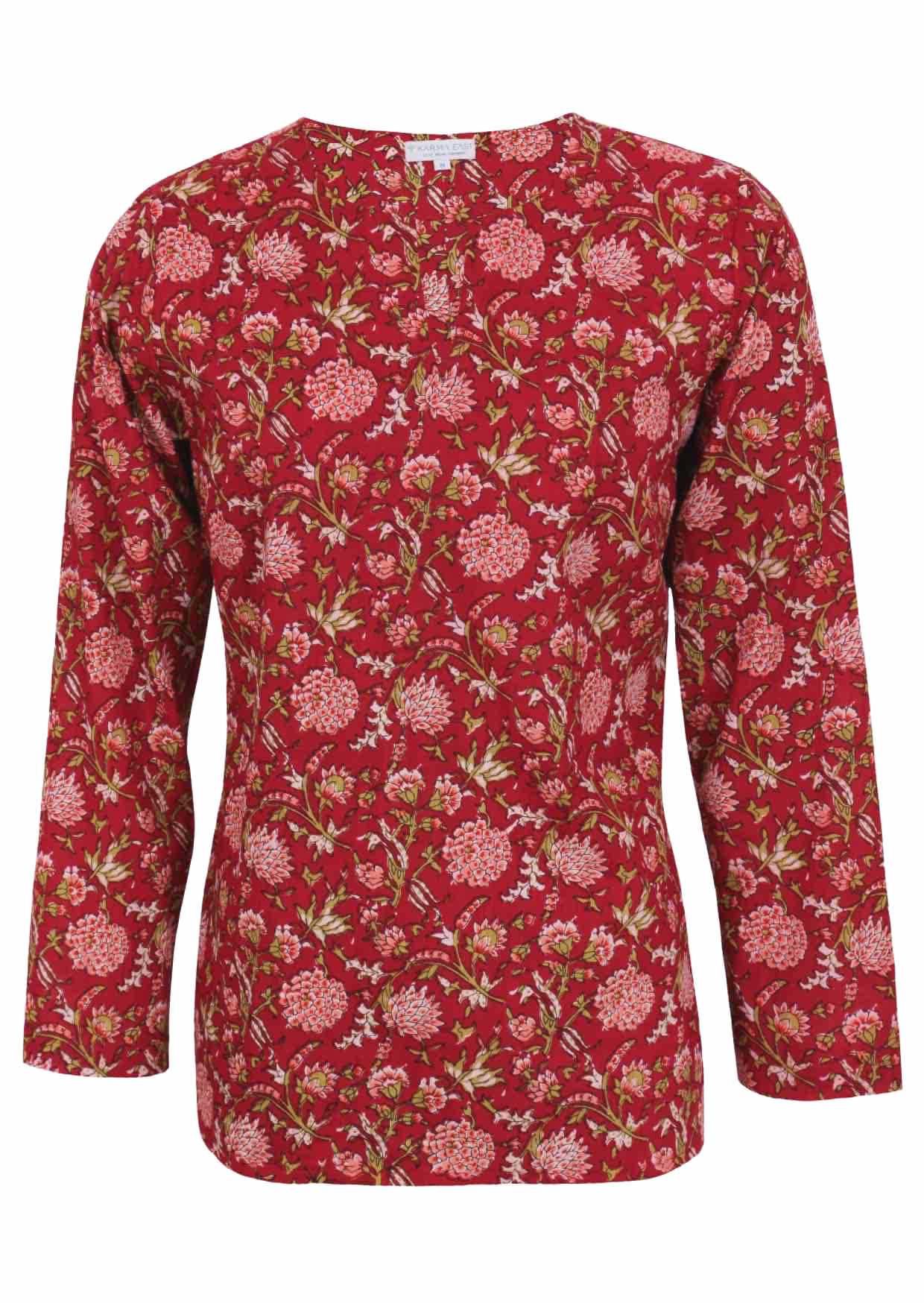 Long sleeves cotton top in red cranberry base and pink floral design with V cutout neckline.
