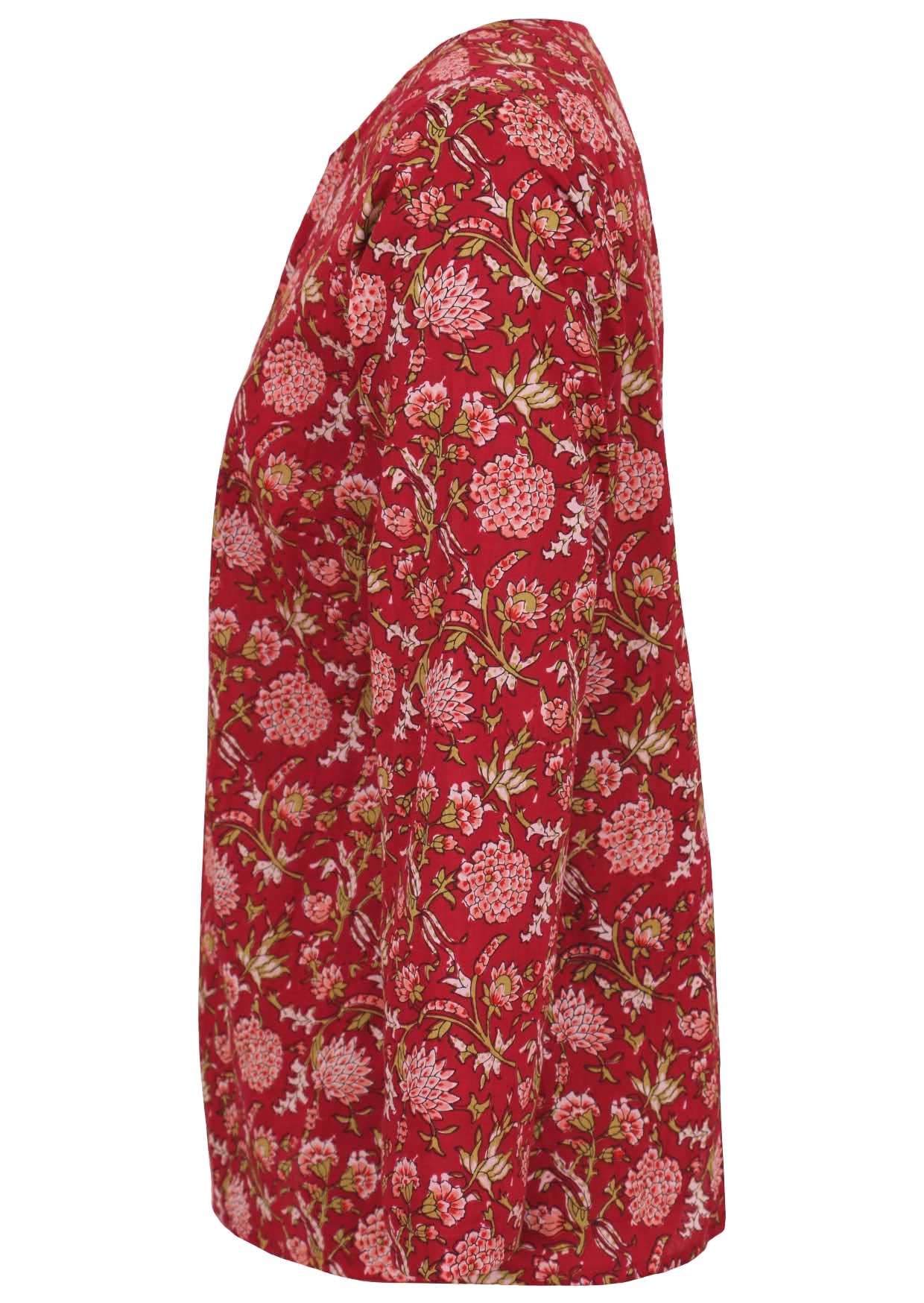 Side look of beautiful bright red cotton shirt with pink florals and long sleeves.