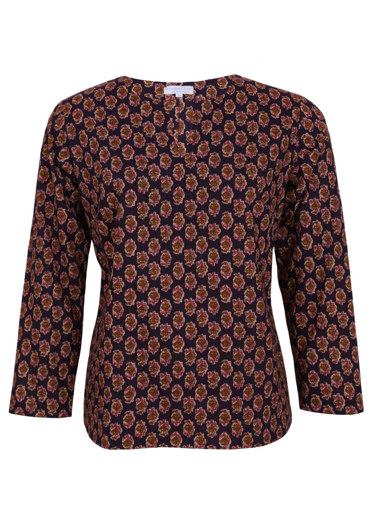 Long sleeves cotton top in dark purple base and pink floral design with V cutout neckline.
