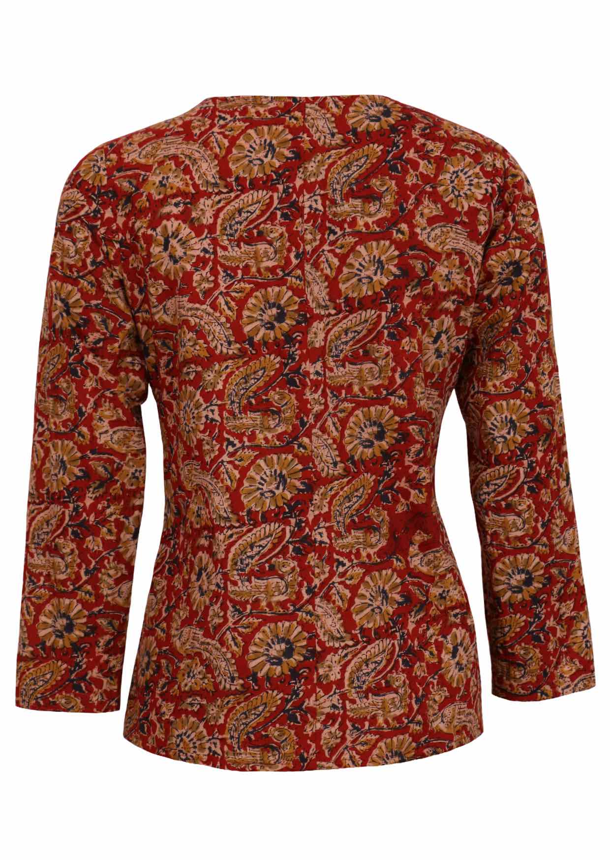 Long line cotton top with gorgeous floral print on red base and full sleeves.