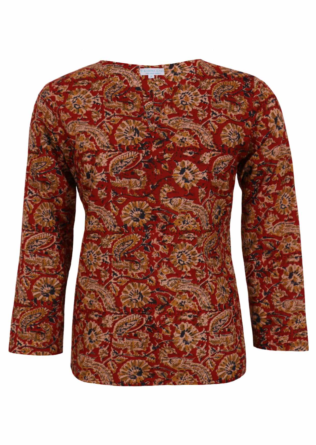 100% cotton long sleeve top with V cutout neckline in red based, earthy toned floral print.