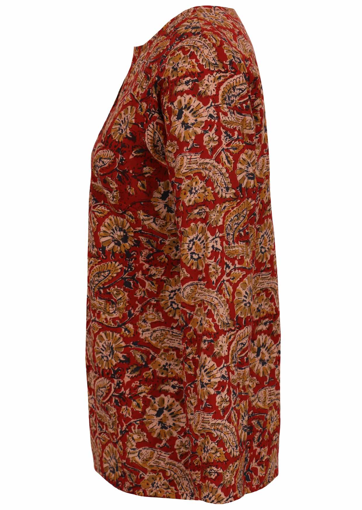 Side image of gorgeous red floral printed cotton top with long sleeves.