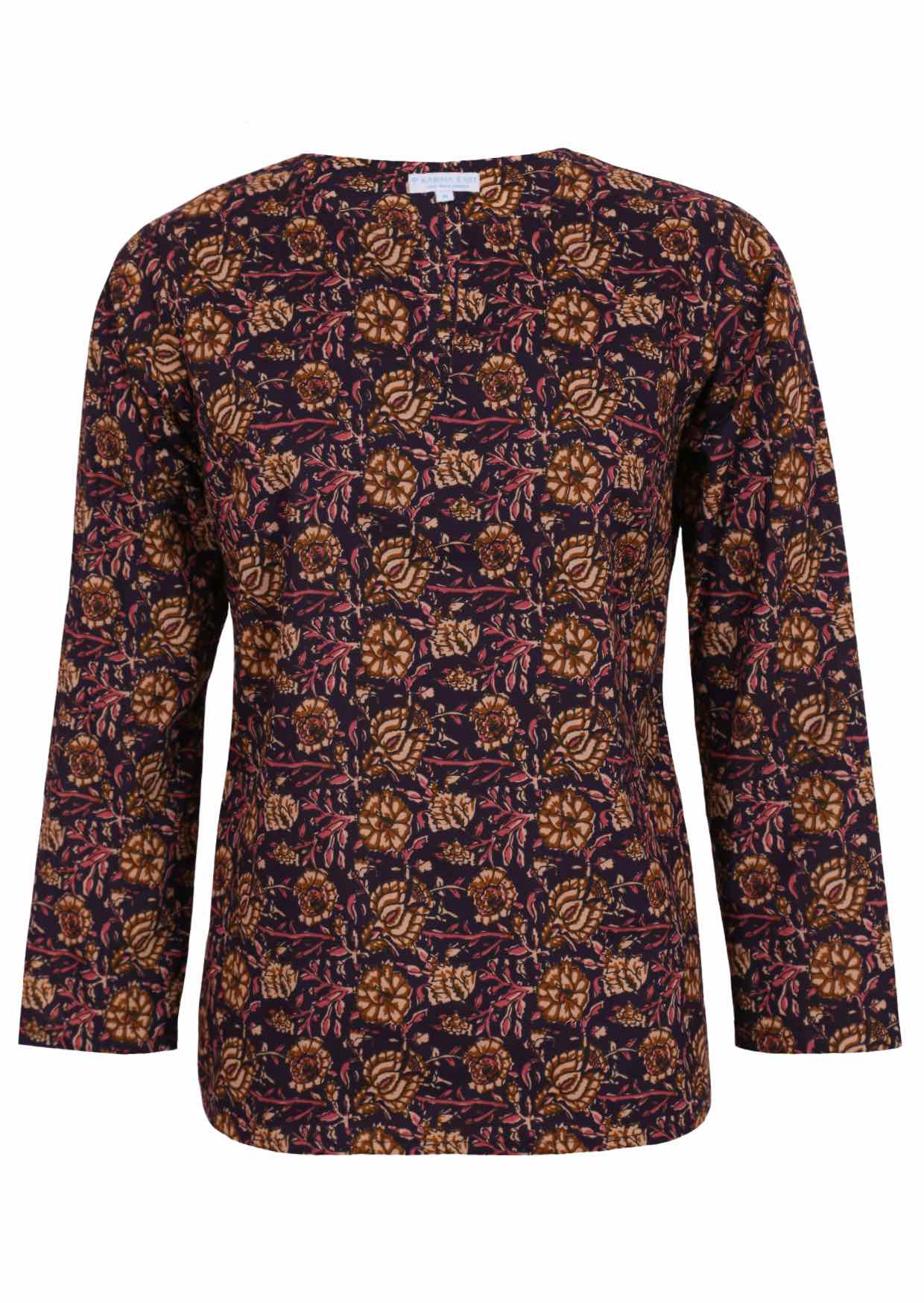 100% cotton dark purple based floral print long sleeve top with V cutout neckline.