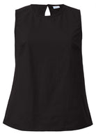 100% cotton relaxed fit sleeveless top in plain black with high round neckline and piping details at armhole and neckline