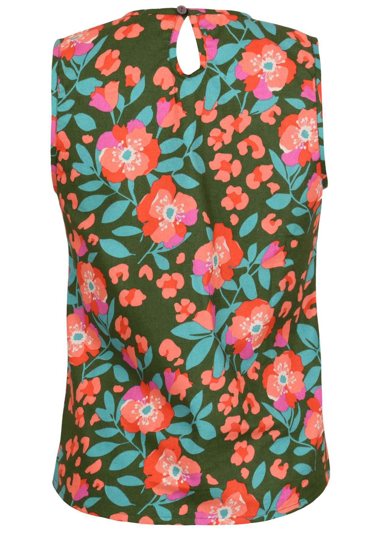 Sleeveless cotton top with floral print in olive green base