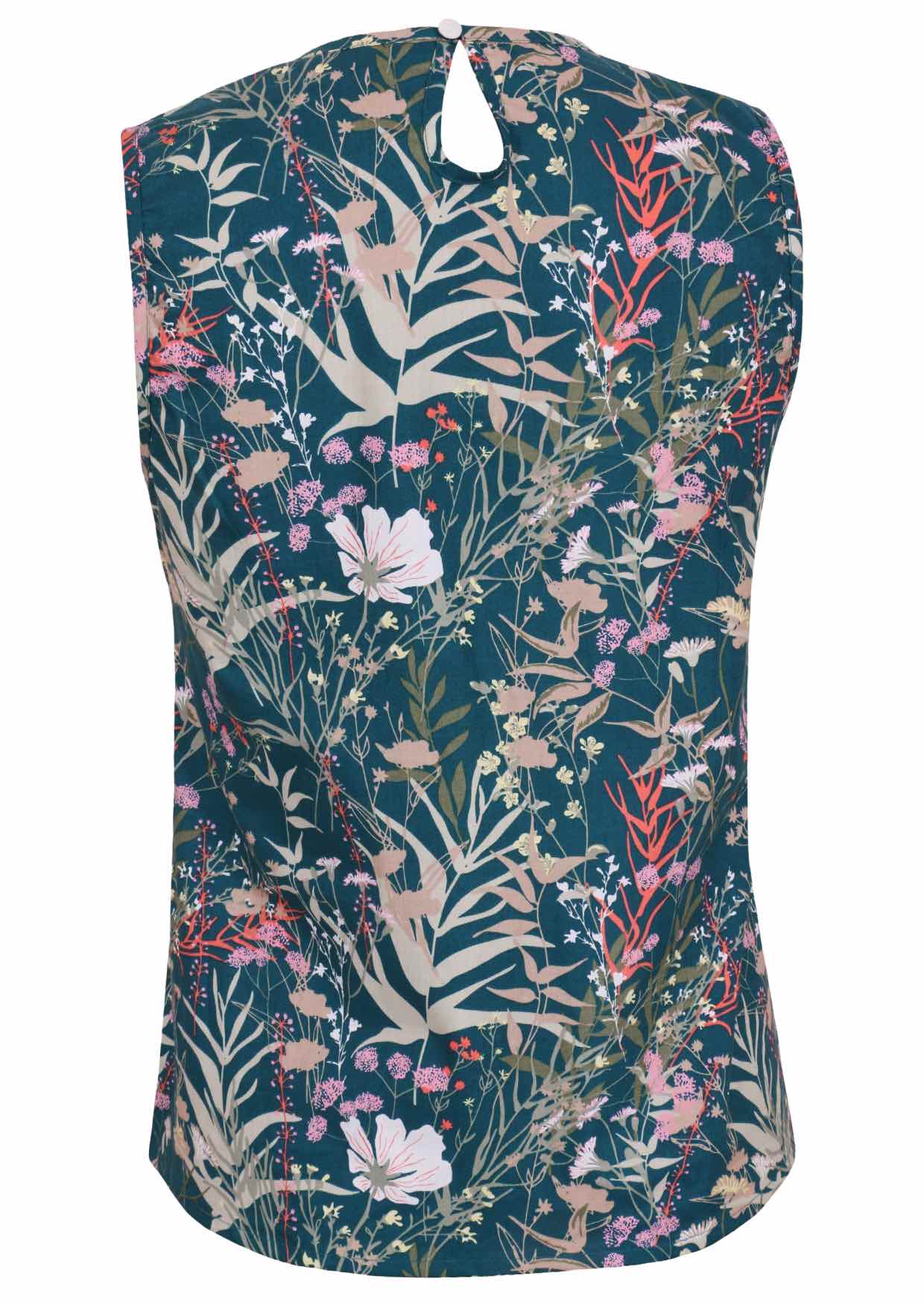 Back view of sleeveless cotton top with teal based floral print, with a button at the nape of neck