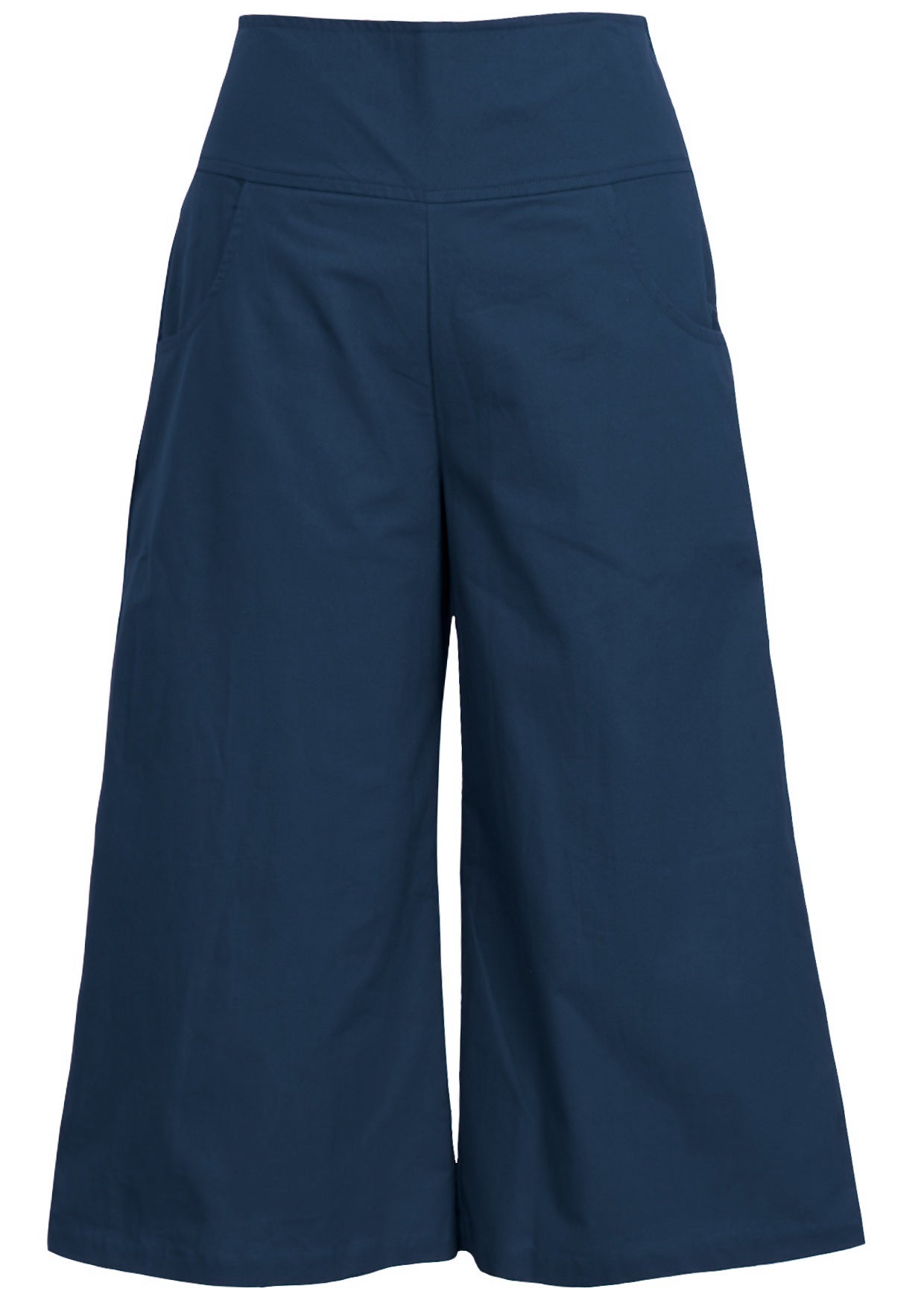 100% cotton, navy blue wide-leg pants 3/4 length with pockets