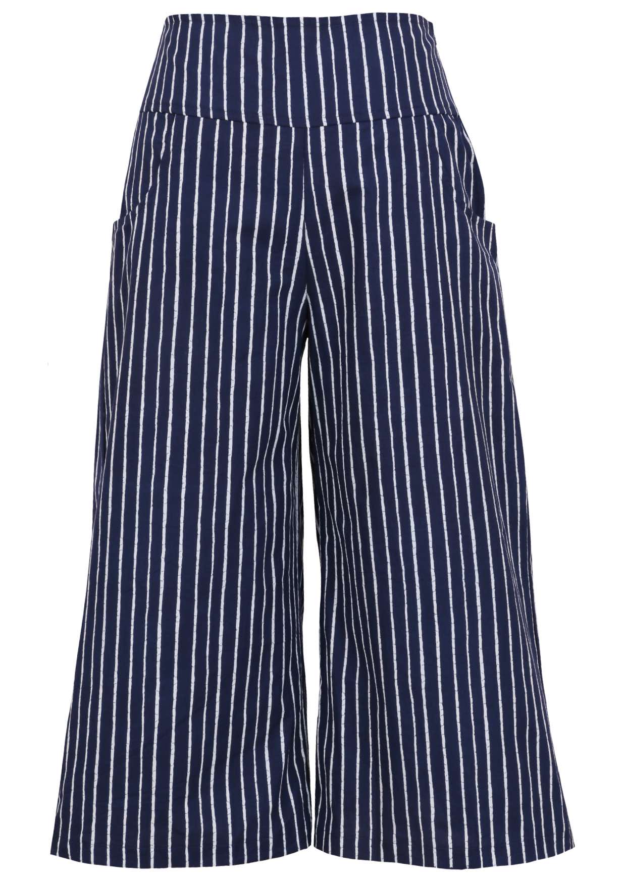 100% cotton wide leg 3/4 length pants with wide flat waistband, side zipper and pockets