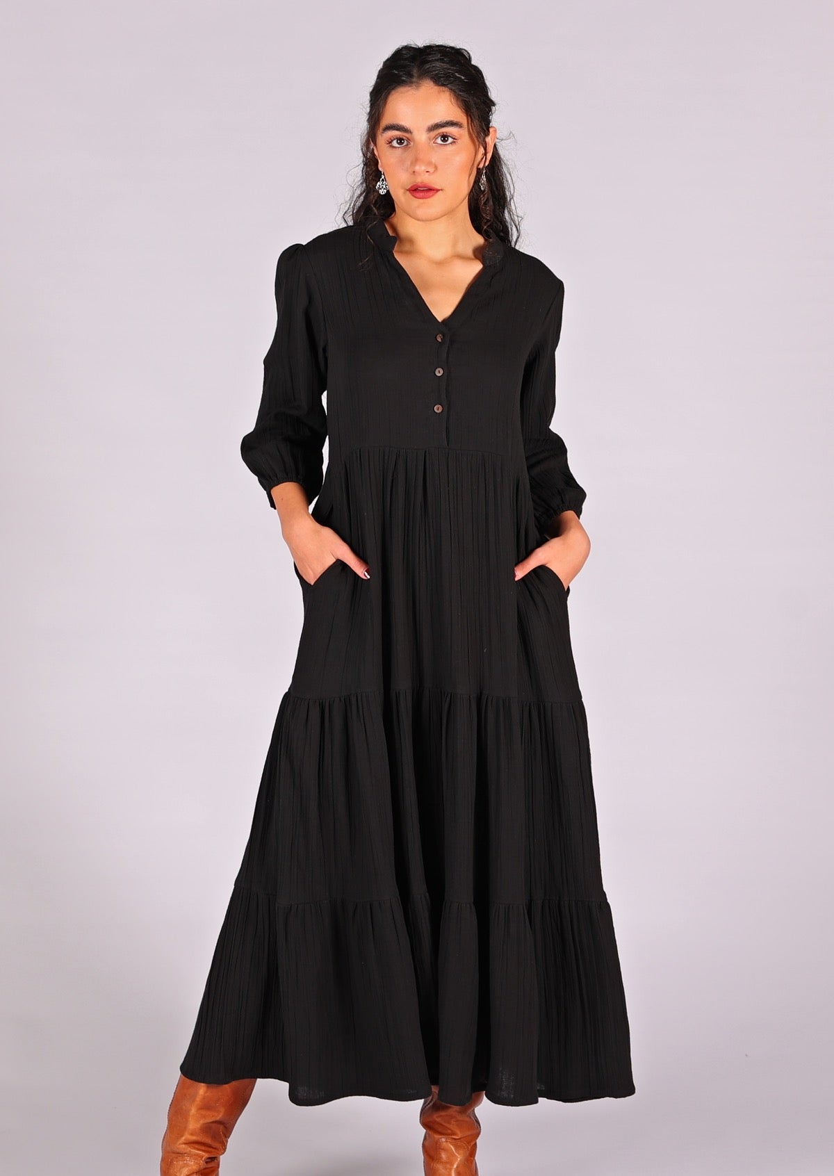 Stunning double cotton tiered dress with buttoned bodice with V-neckline and mandarin collar