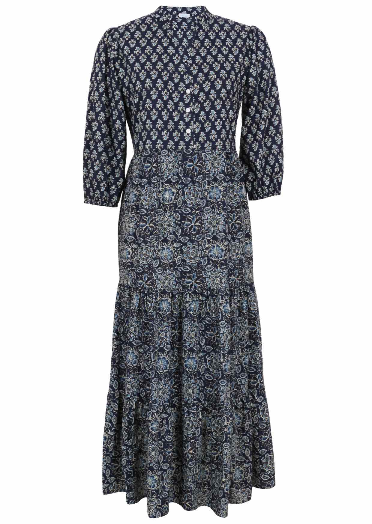 100% navy blue based floral three tiered flowy maxi dress with buttoned bodice, 3/4 sleeves and mandarin collar