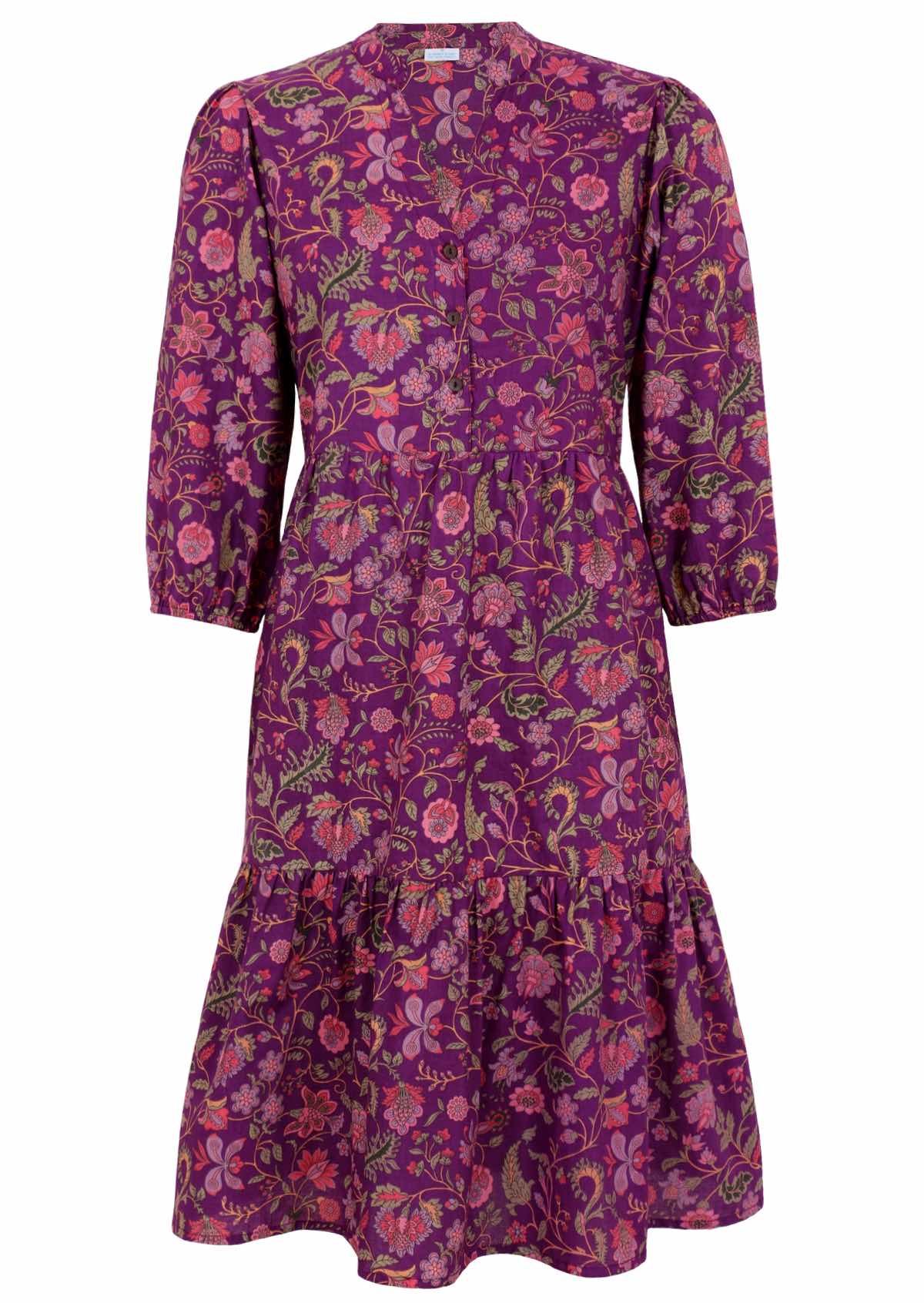 Pink, purple and green floral print on purple base cotton midi dress