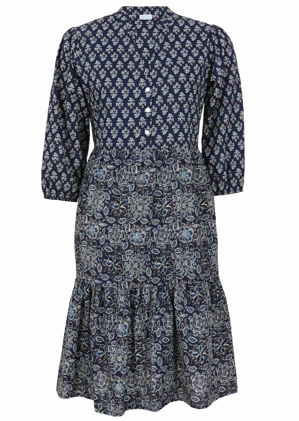 100% cotton relaxed fit, two tiered midi dress in navy blue based floral print.
