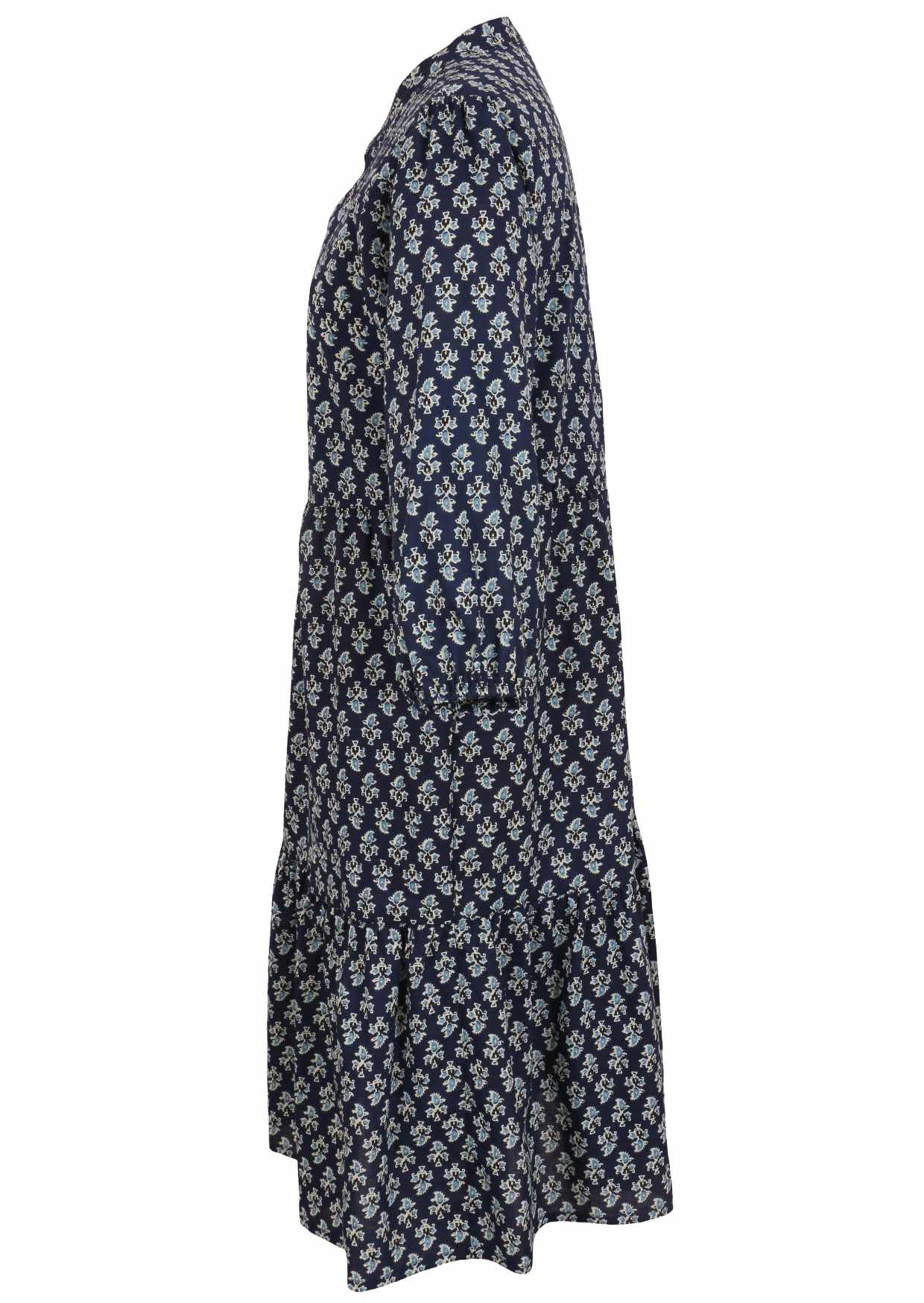 Lightweight cotton navy blue based floral relaxed fit dress with 3/4 sleeves and hidden side pockets.