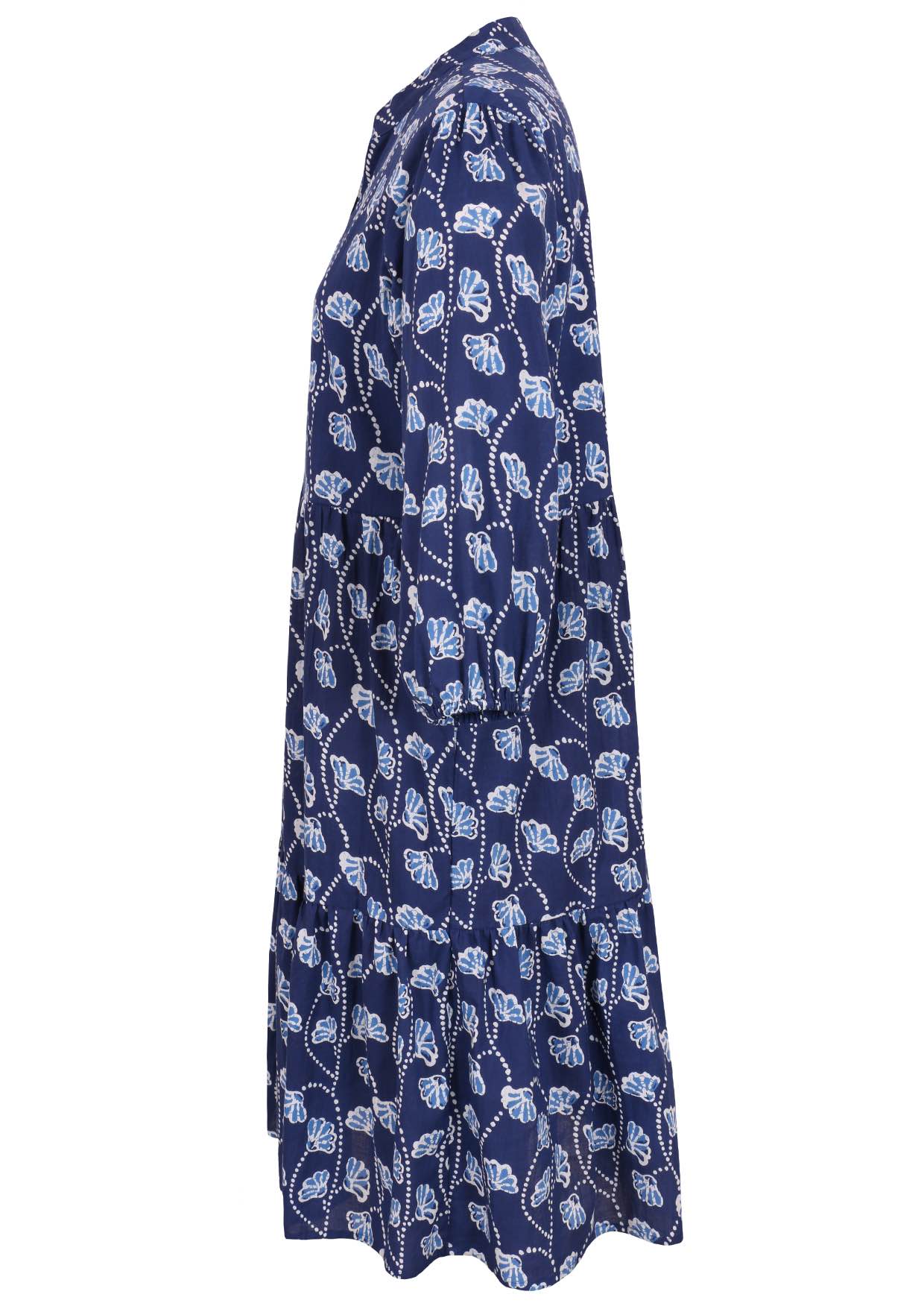 Lightweight cotton navy blue based floral relaxed fit dress with 3/4 sleeves and hidden side pockets