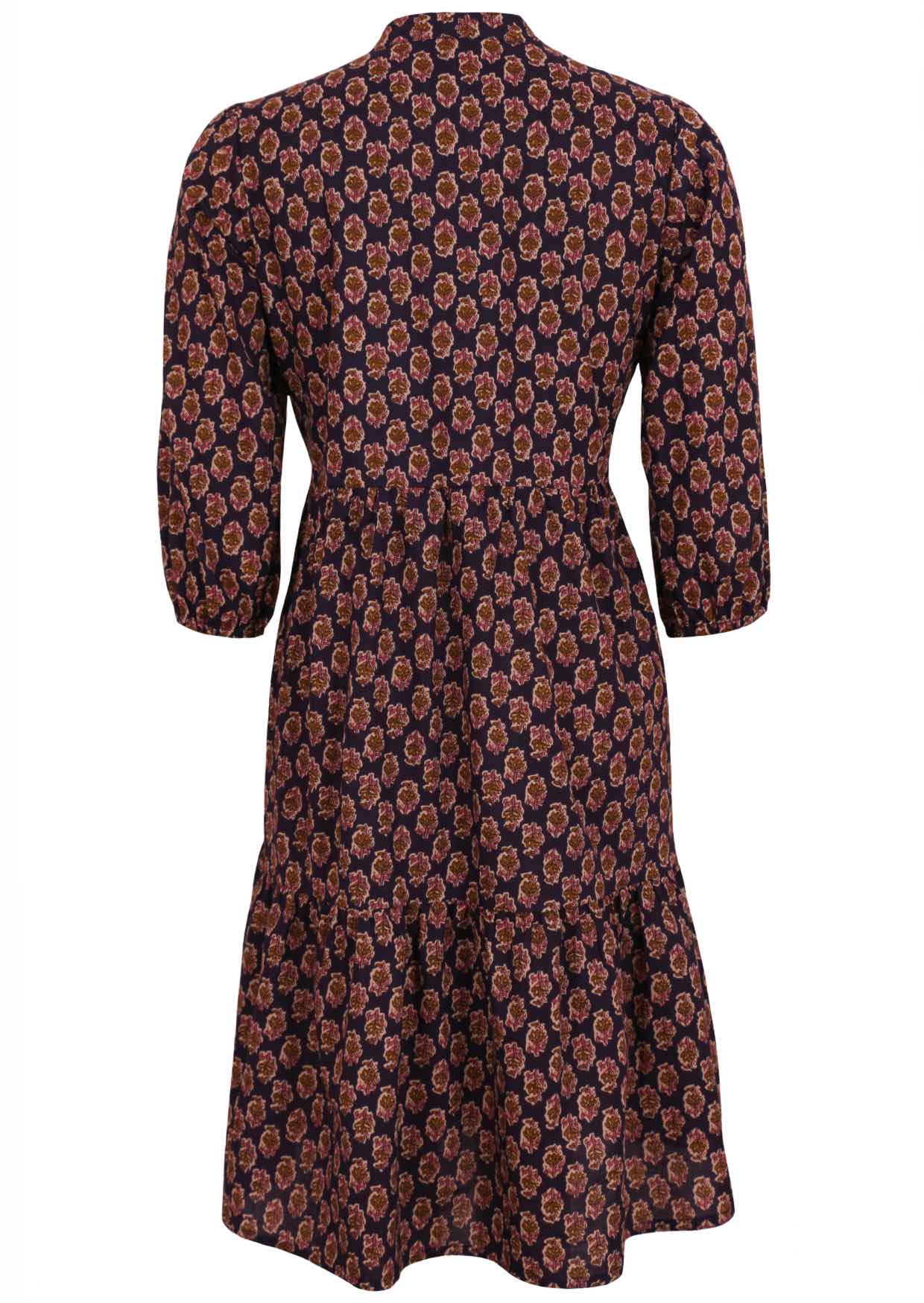 Dark purple cotton dress with 3/4 sleeves and mandarin collar with v neckline.