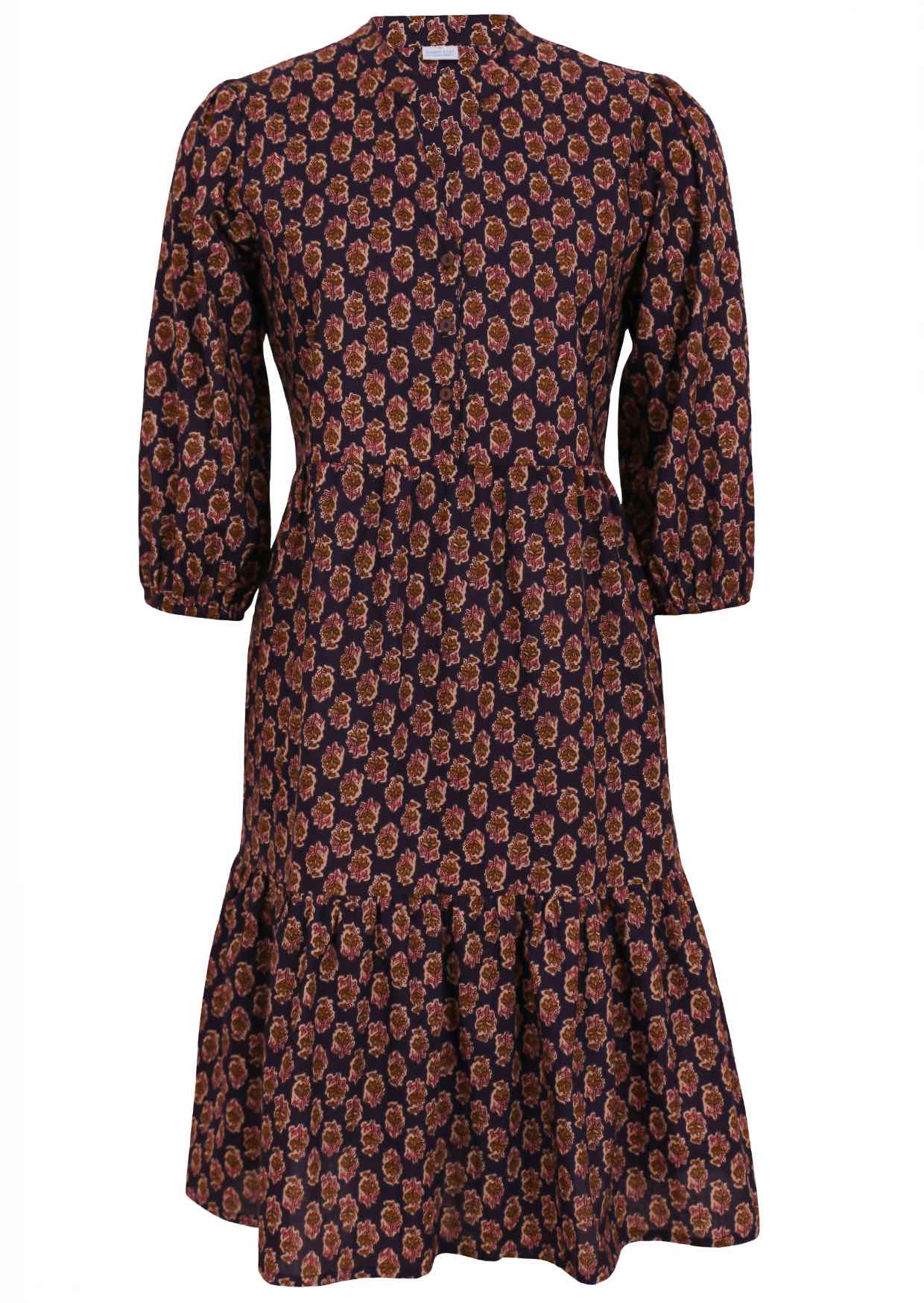 100% cotton 2 tiered midi dress in cream, pink and brown florals on dark purple base.