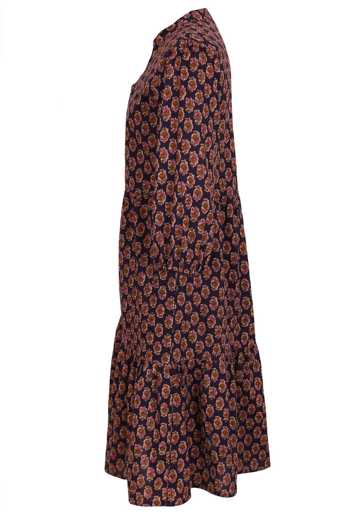 Side image of lightweight midi cotton dress with buttoned bodice, 3/4 sleeves and pockets.