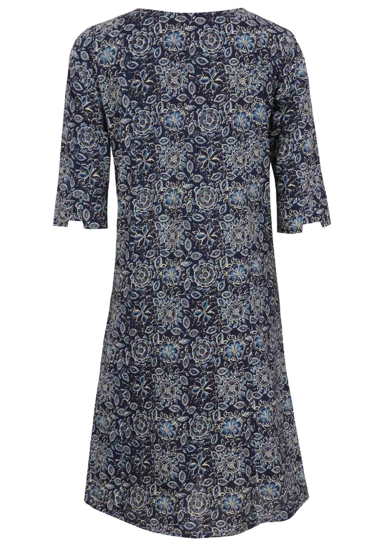 Back view of 100% cotton dress with cuffed designer sleeves and deep pockets with pin tucks.