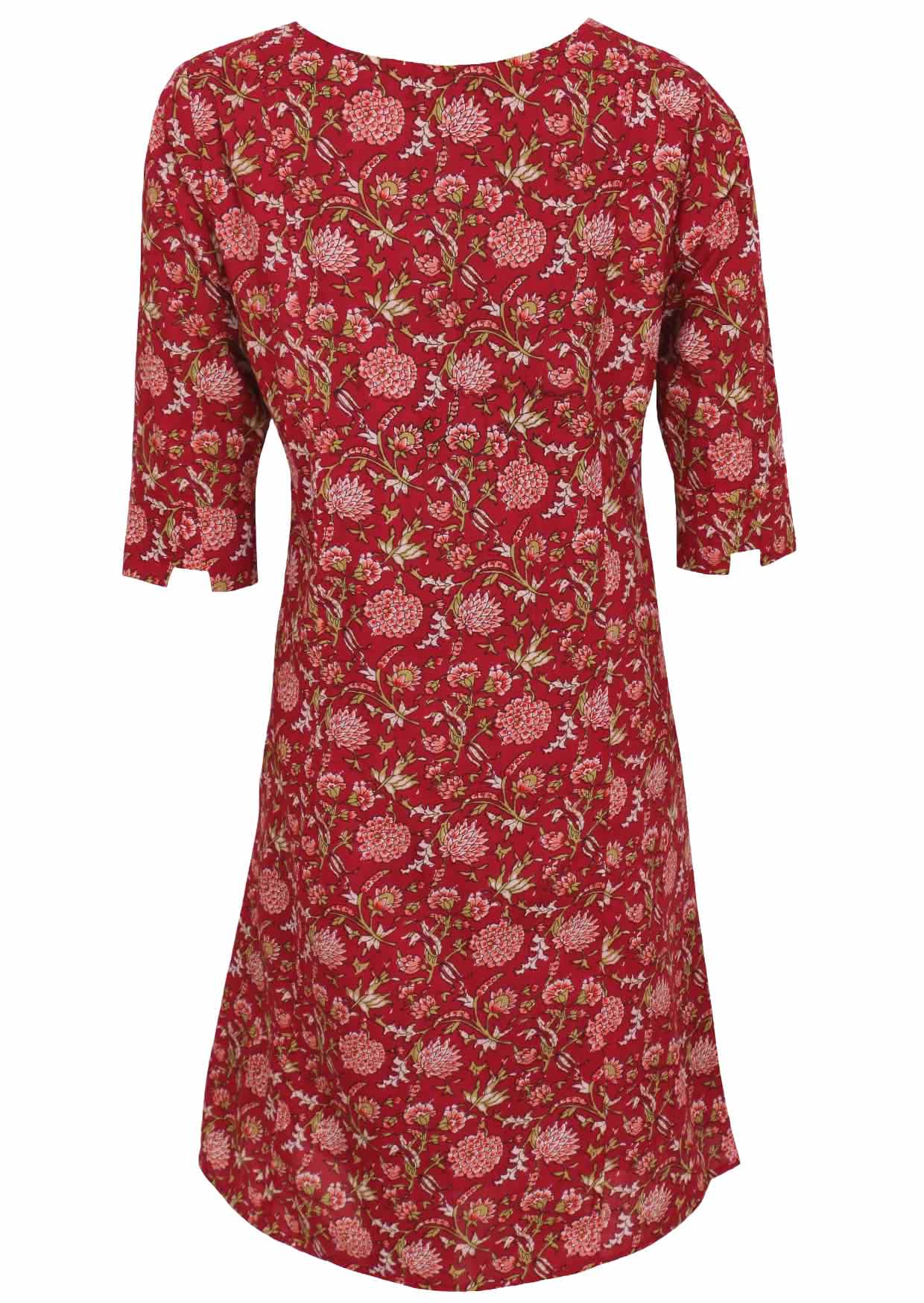 Back image of a loose fitting cotton dress with 3/4 stylish sleeves, empire waistline and pockets.