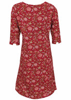 Back image of a loose fitting cotton dress with 3/4 stylish sleeves, empire waistline and pockets.