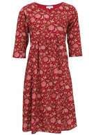 100% cotton knee length dress with round neckline, 3/4 sleeves and pockets.