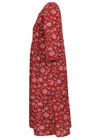 Side image of 100% cotton red dress with floral prints in pink, white and green colours.