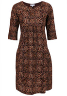 Fully lined, 100% cotton dress in earthy toned, cream floral print on dark brown base.
