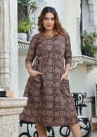 Model with both the hands in pocket wears brown based floral print dress. Fully lined.