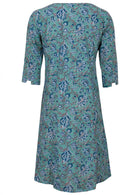 Light blue floral printed cotton dress with stylish 3/4 sleeves.