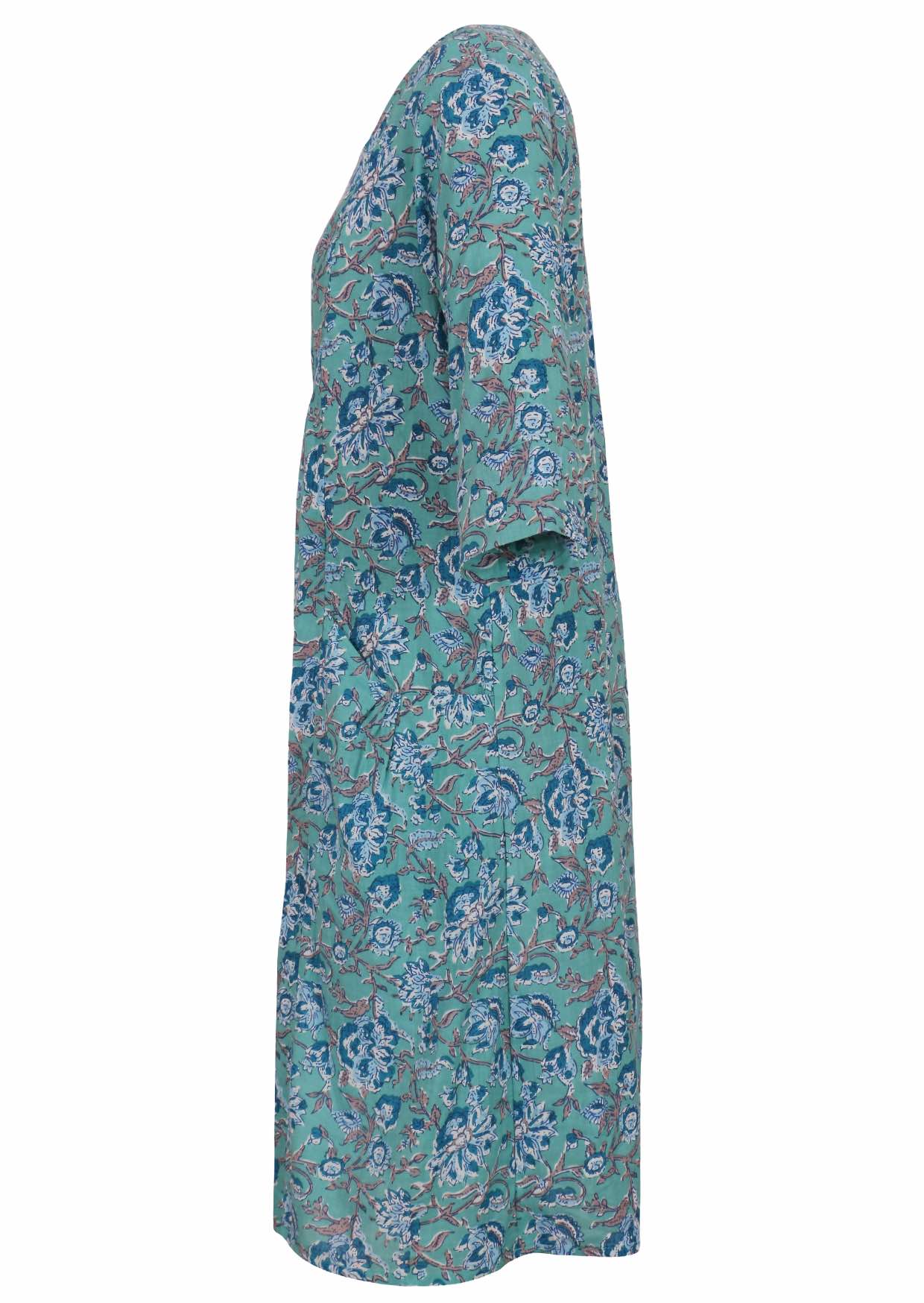 100% cotton dress with cuffed designer  sleeves and deep pockets with pin tucks.