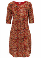 lightweight cotton knee length dress with round neckline, 3/4 sleeves, pockets and lining.