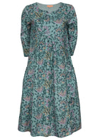 100% cotton relaxed fit dress in green floral print with lining