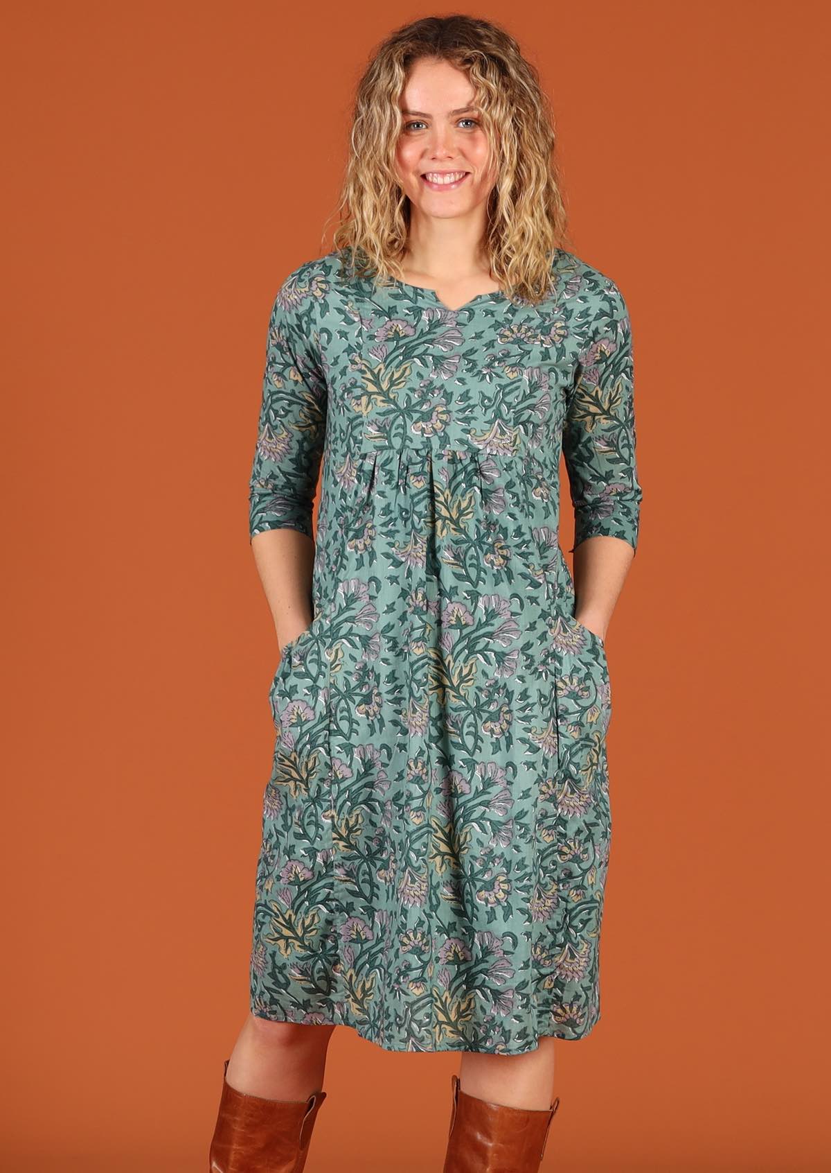 relaxed fit cotton sage green dress with pockets