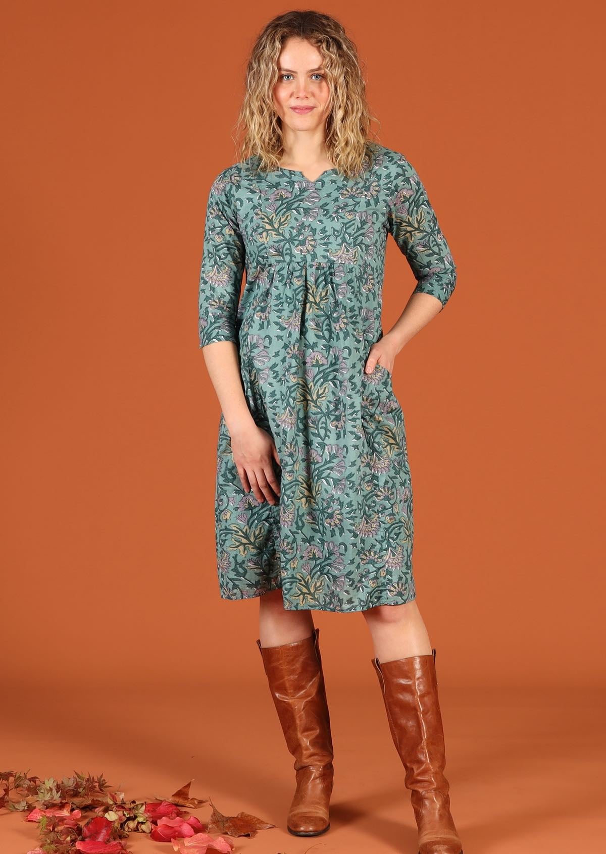 Tilda Dress Sage Green Relaxed Fit 3/4 Sleeve Cotton Dress | Karma East Australia