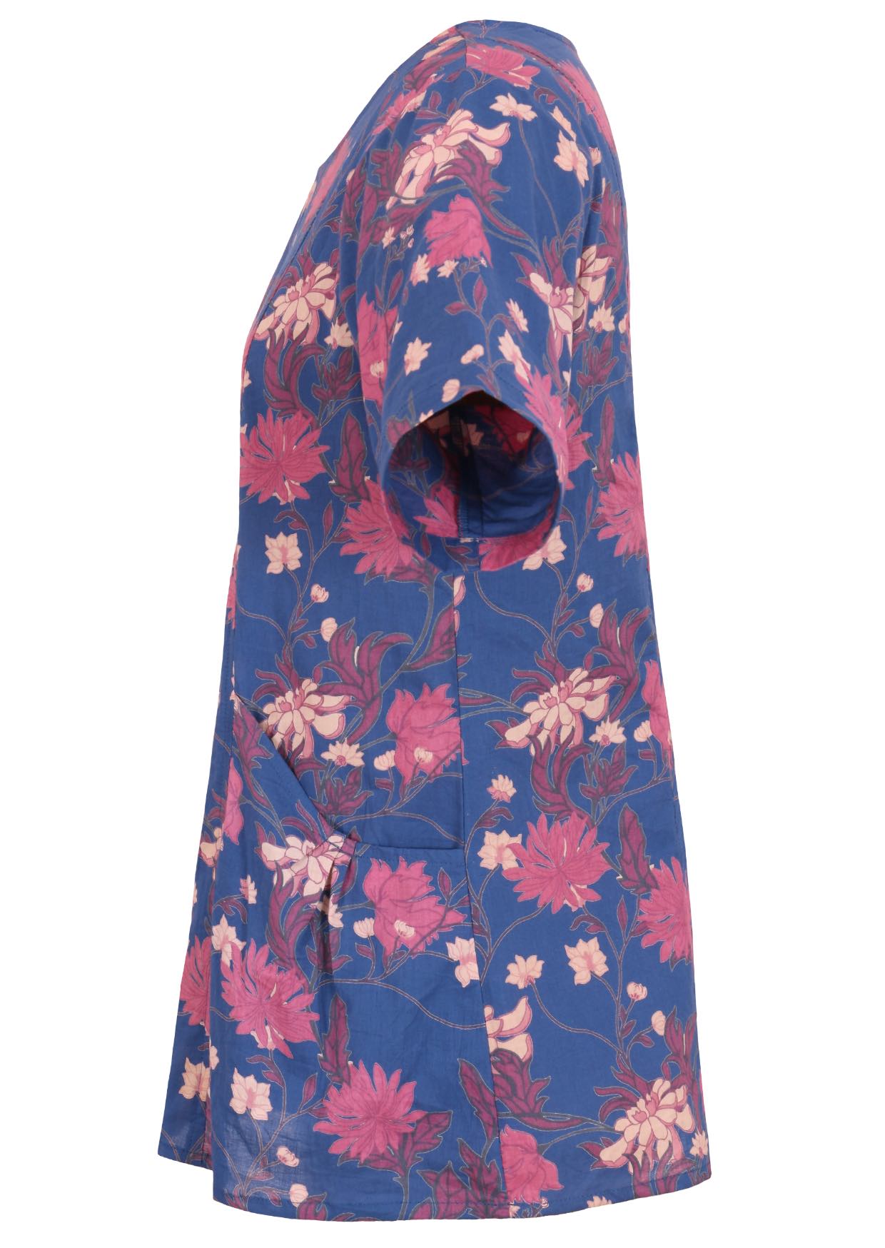 Side view of cotton relaxed fit top with short sleeves and pockets in navy blue with pink, plum and grey floral print