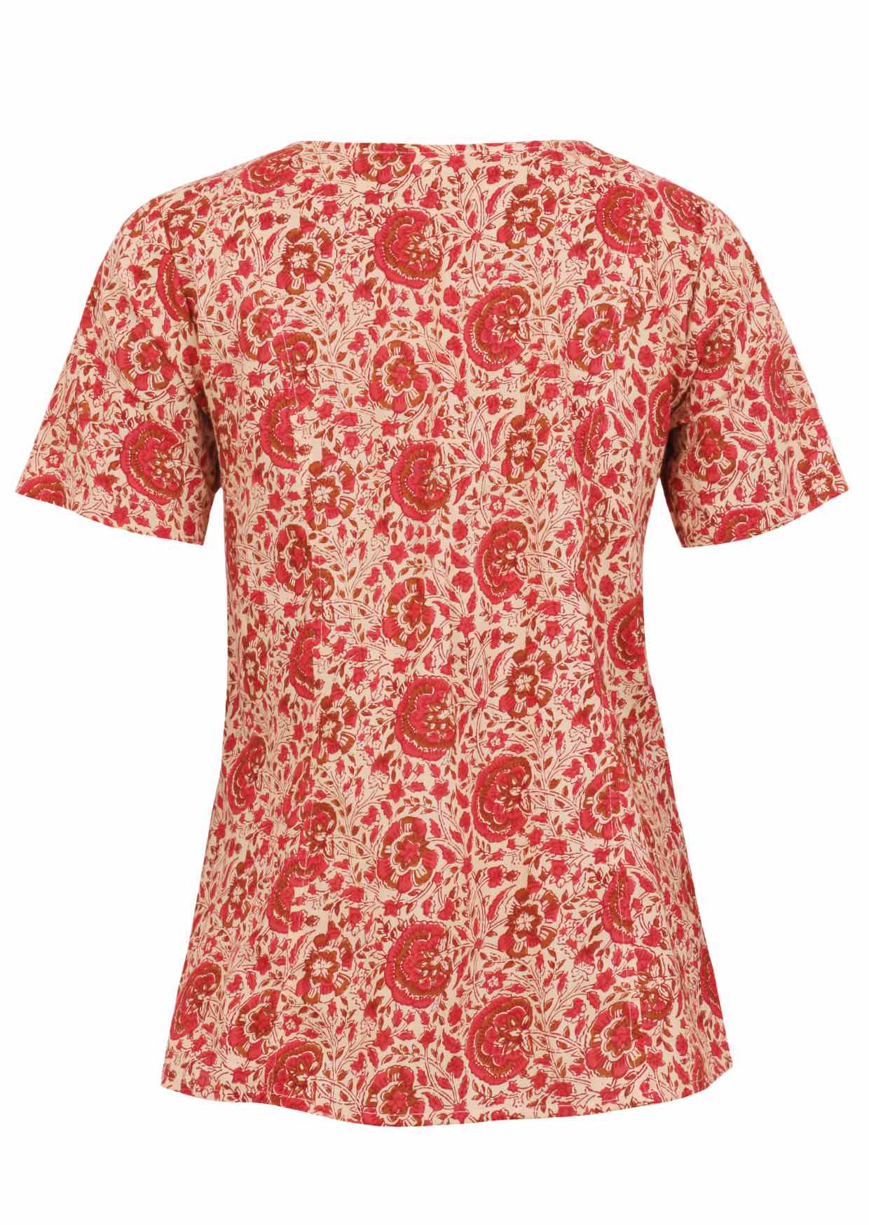 Back view of 100% cotton short sleeved relaxed fit cotton top with round neckline, pockets and gathers under the bust