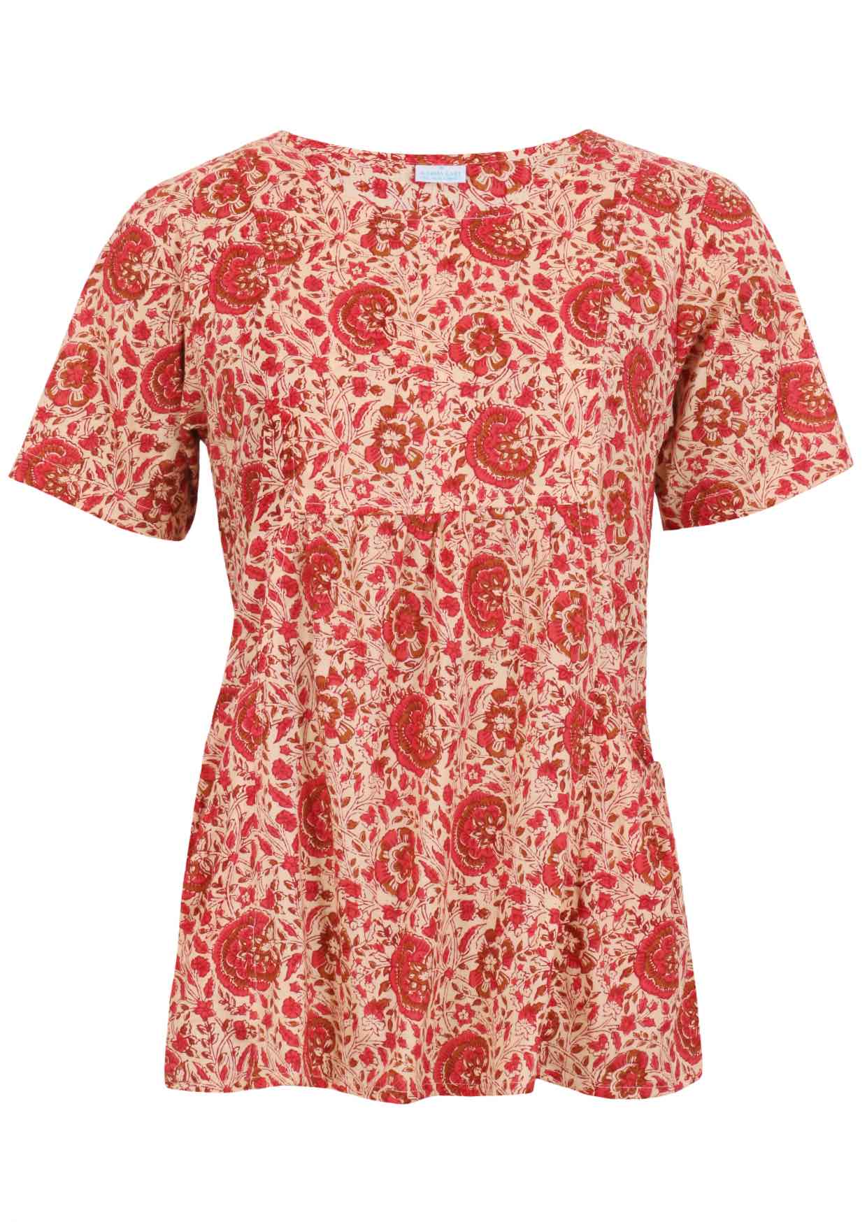 Relaxed fit 100% cotton top in cream based floral print with short sleeves, pockets and gathers under the bust