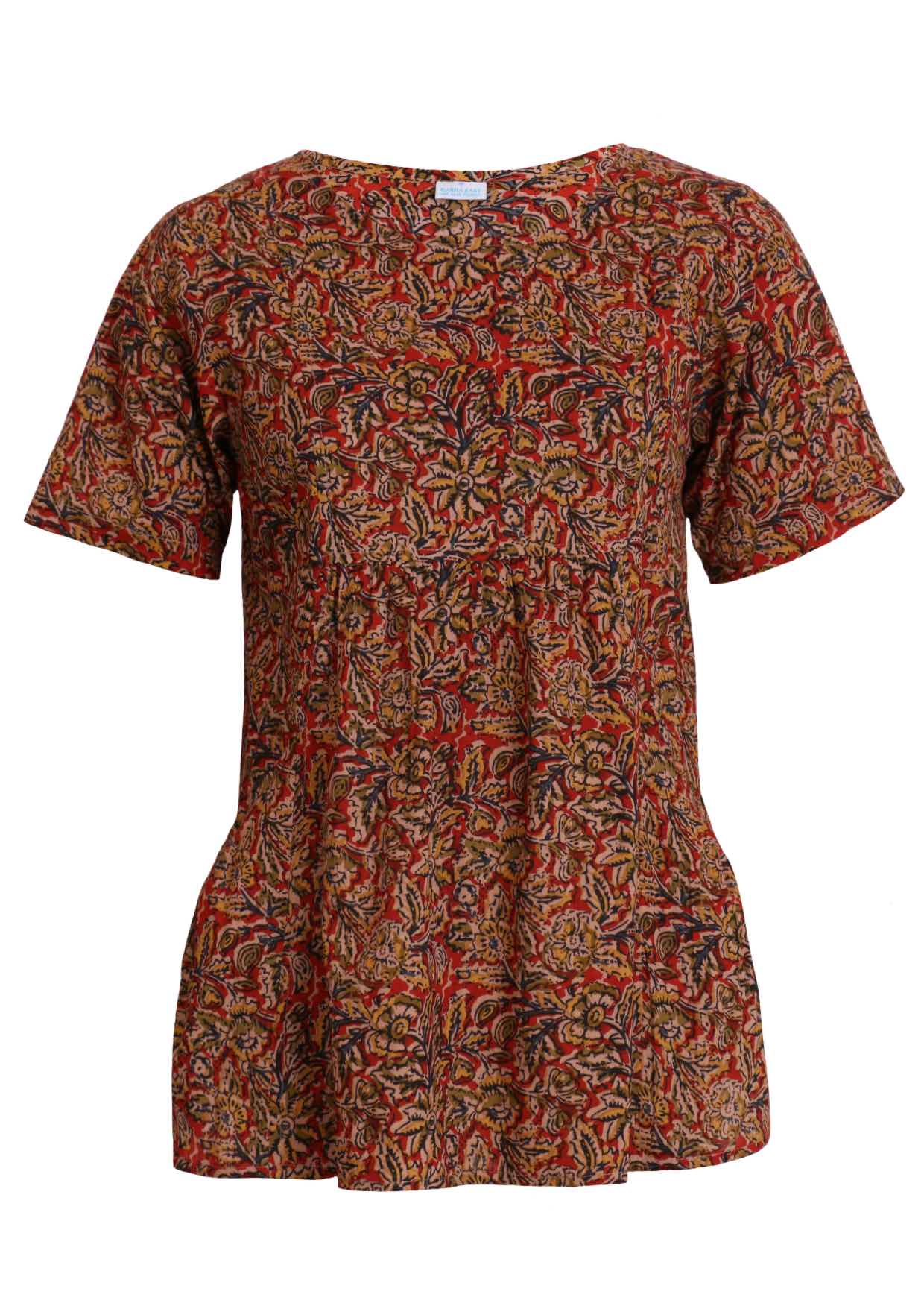 long cotton top Indian print in earthy tones front view