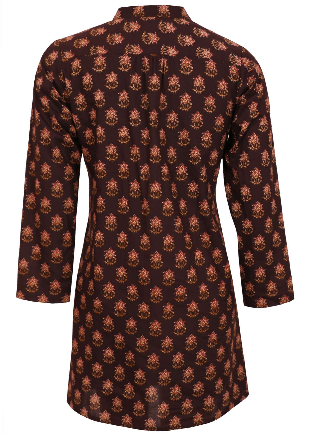 Long sleeves cotton tunic in dark brown based floral motif print with gathers at the center of back