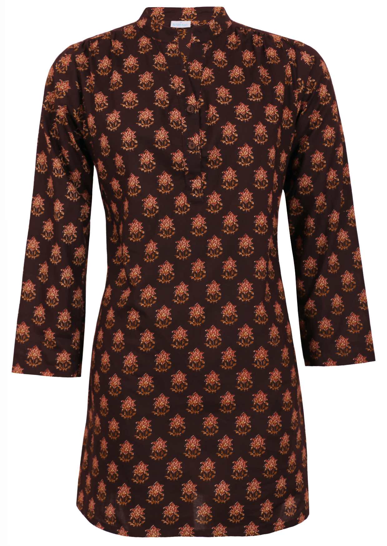 100% cotton long sleeve tunic with small gathersat shoulders, mandarin collar and v neckline.