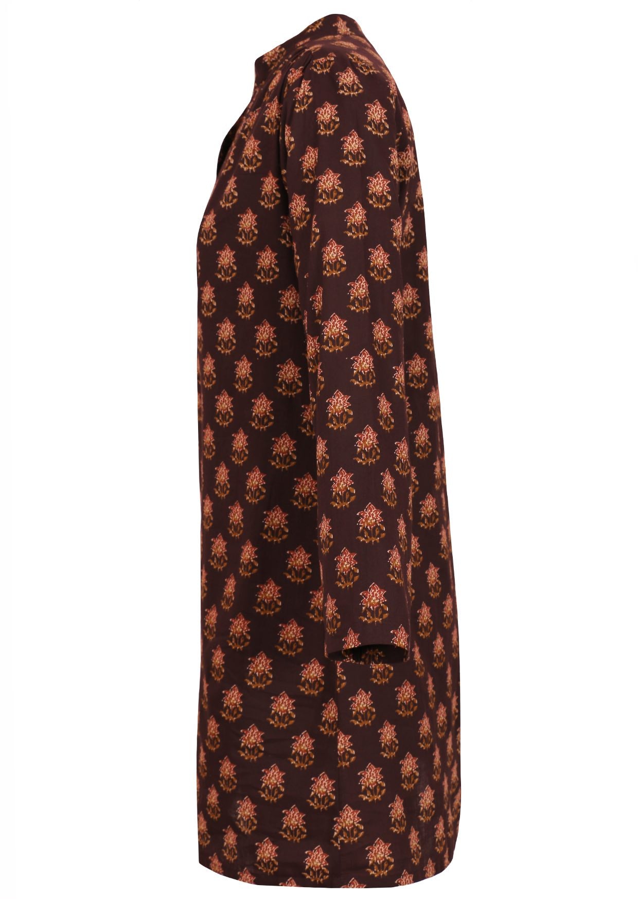 Side image of 100% cotton brown tunic with long sleeves, gathers across the shoulders and mandarin collar.