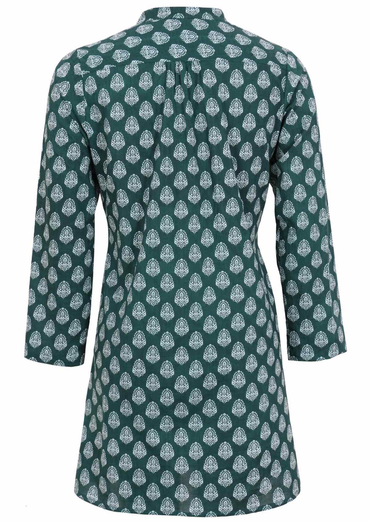 White pendant print on dark green base cotton tunic