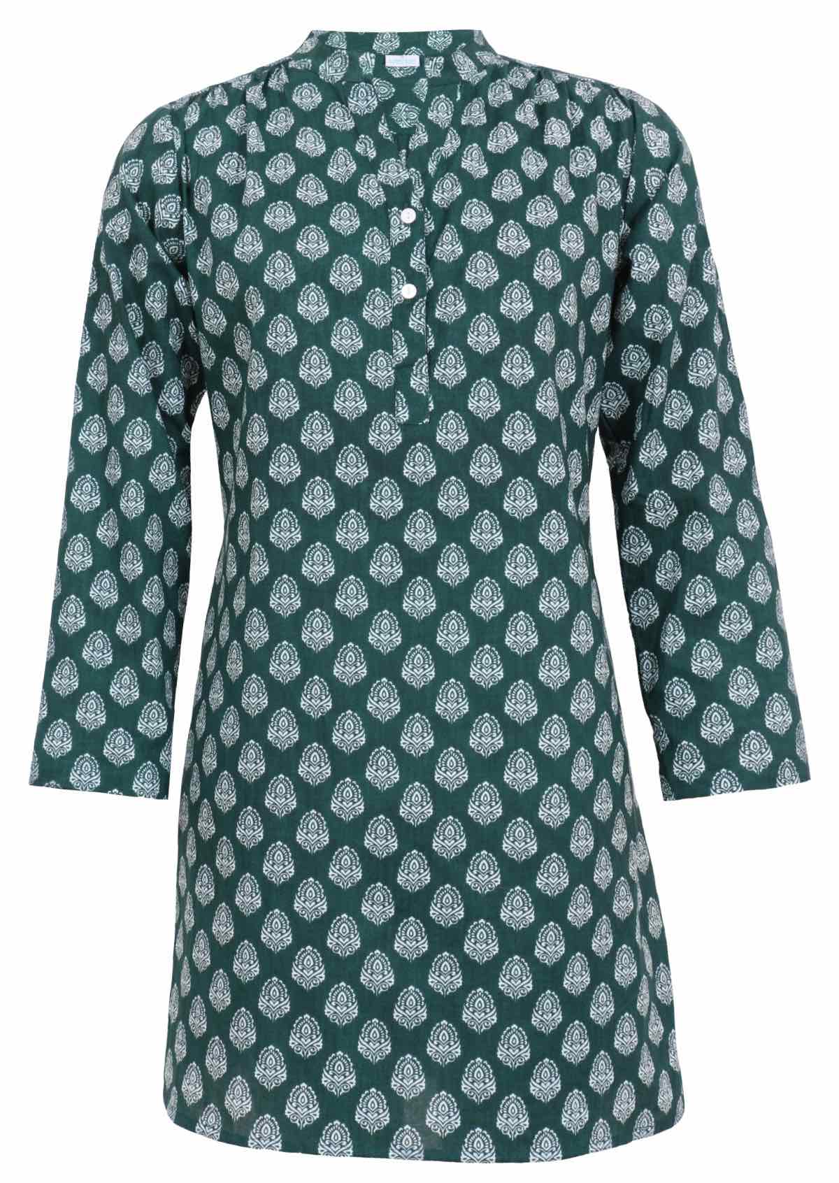 Green base cotton shirt dress with long sleeves and mandarin collar